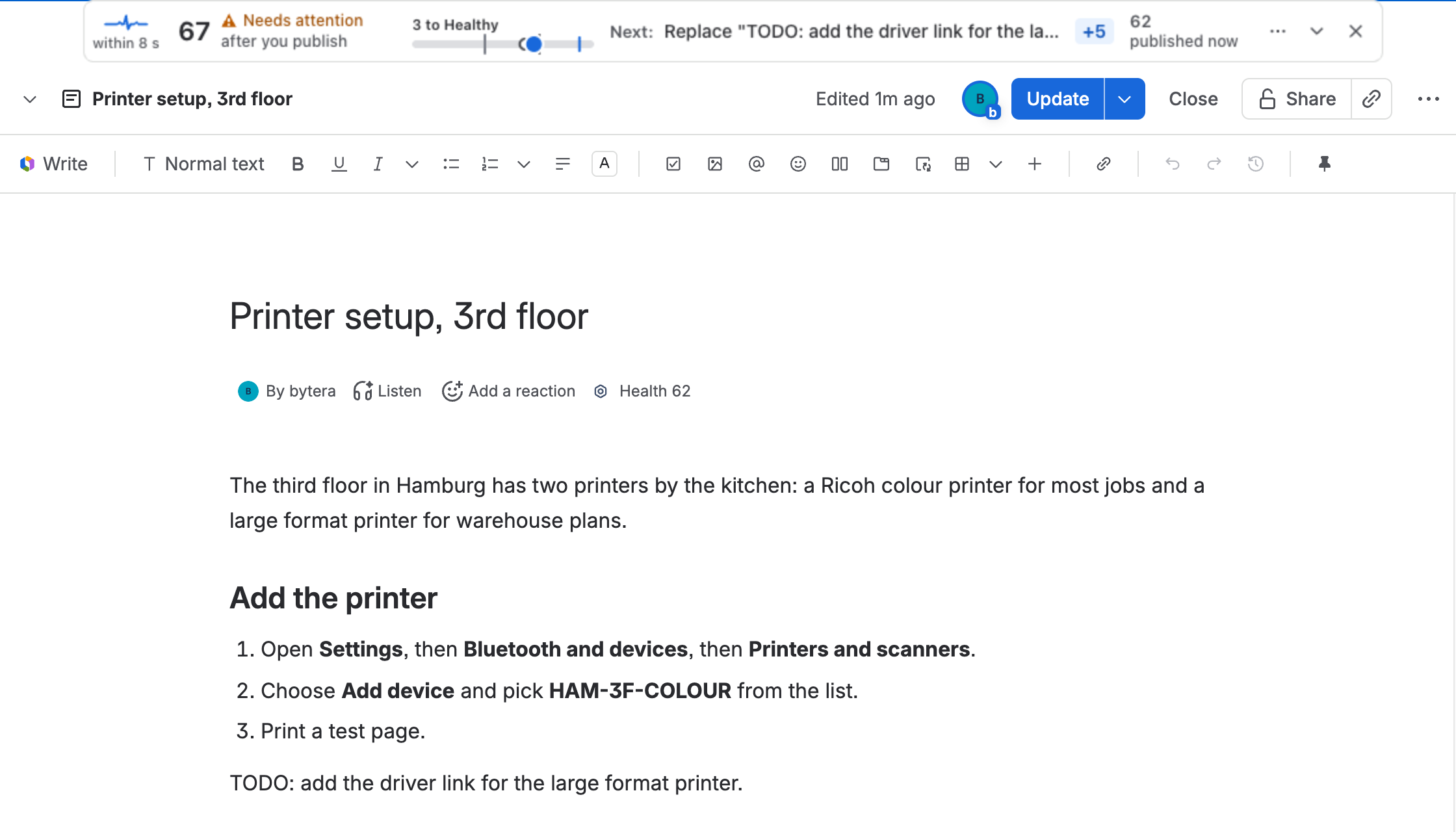 The Pulse line above a page in the editor: within 8 s, 67, Needs attention after you publish, 3 to Healthy, Next: Replace “TODO: add the driver link for the la…” +5, 62 published now