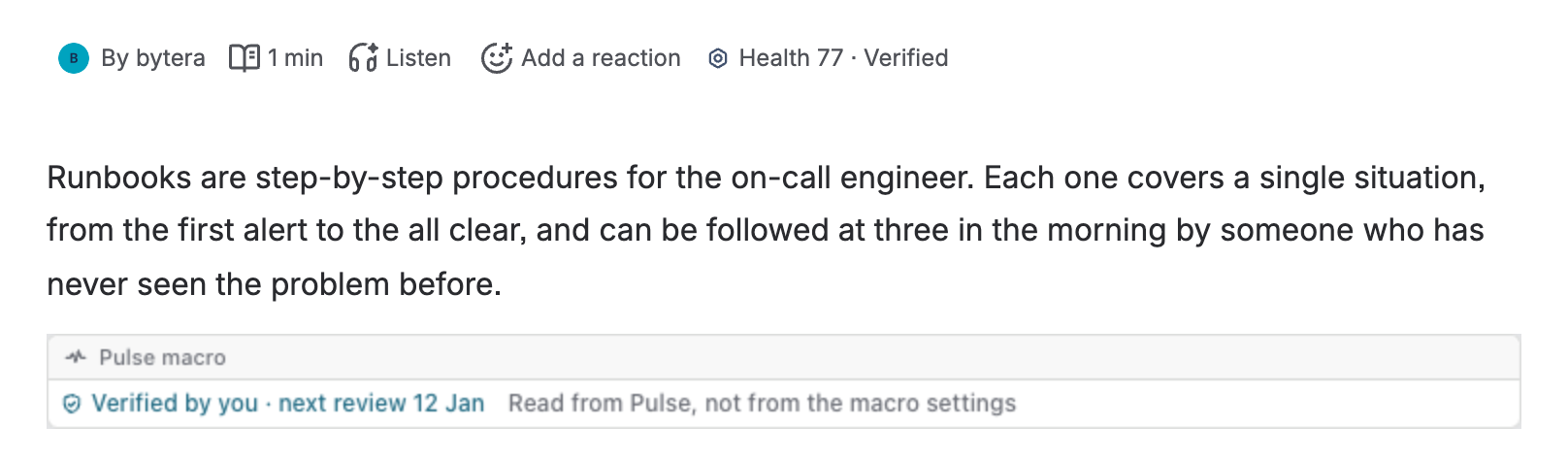 The Runbooks page in view mode, with Health 77 · Verified in the byline and, under the first paragraph, the Pulse macro: Verified by you · next review 12 Jan, and the note Read from Pulse, not from the macro settings