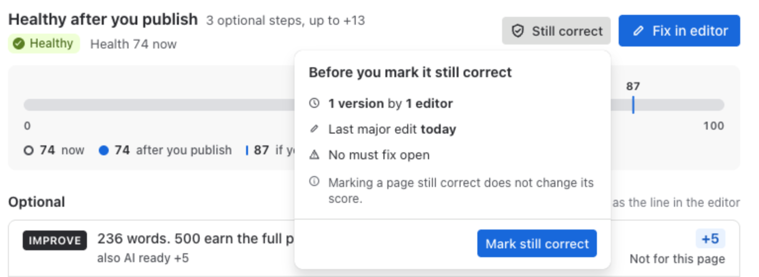 Still correct in Page vitals for Mobile phone policy, Healthy, Health 74 now: Before you mark it still correct, 1 version by 1 editor, last major edit today, no must fix open, Marking a page still correct does not change its score, and the button Mark still correct