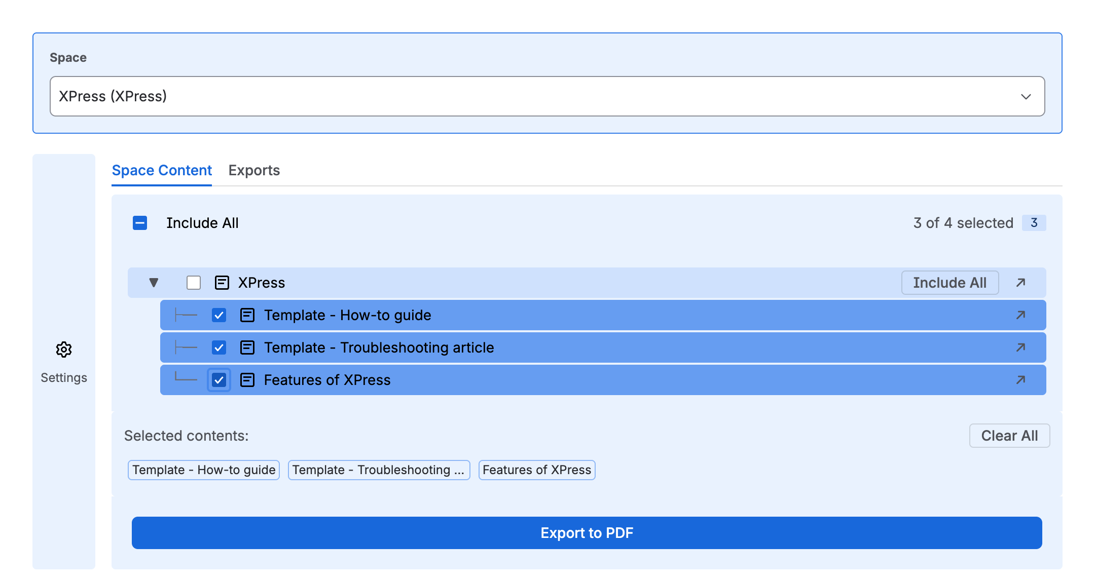 The XPress workspace: the space content tree with pages selected, ready to export